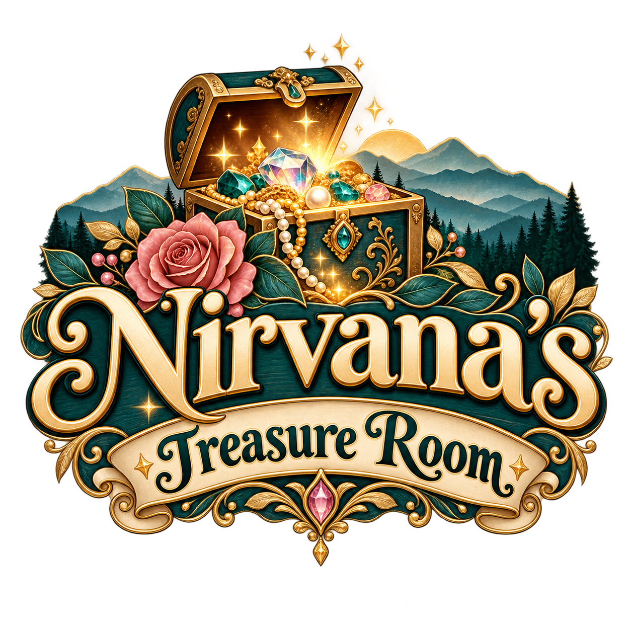Nirvana’s Treasure Room: a golden treasure chest, rose, and mountain scenery